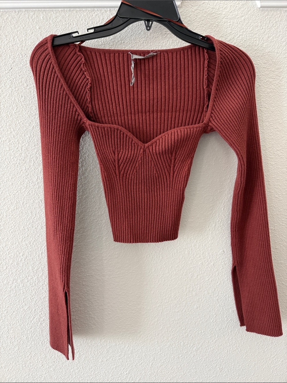 Urban Outfitters Rust Ribbed Sweetheart Long-Sleeve Crop Top